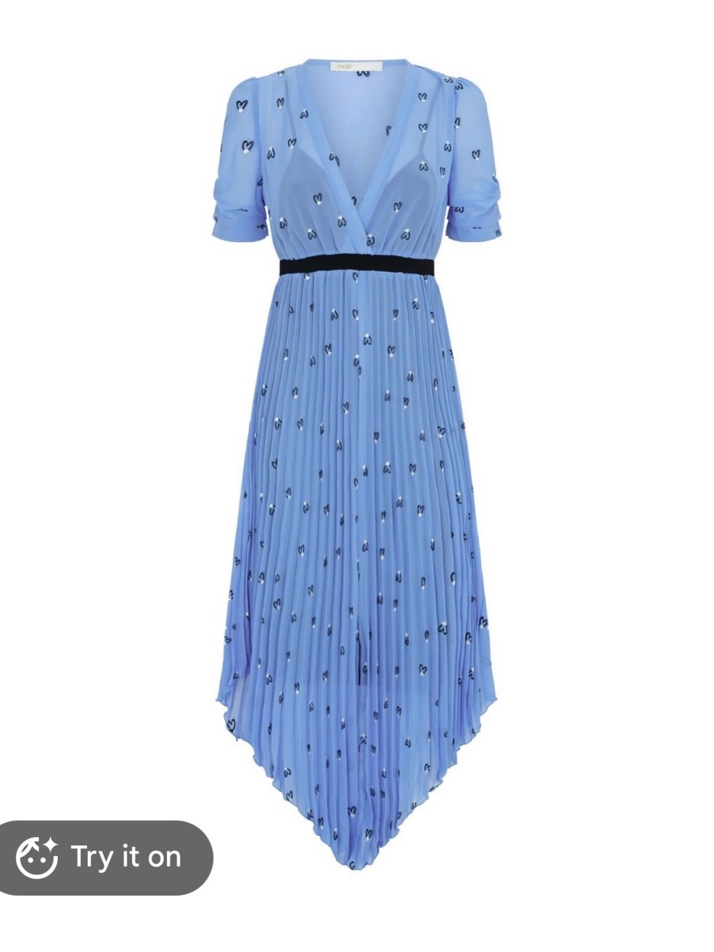 Maje Sheer Sky Blue Pleated Midi Dress with Heart Motif